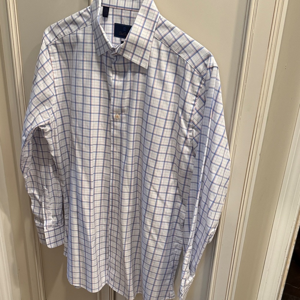 David Donahue White Dress Shirt with Blue and Orange Plaid